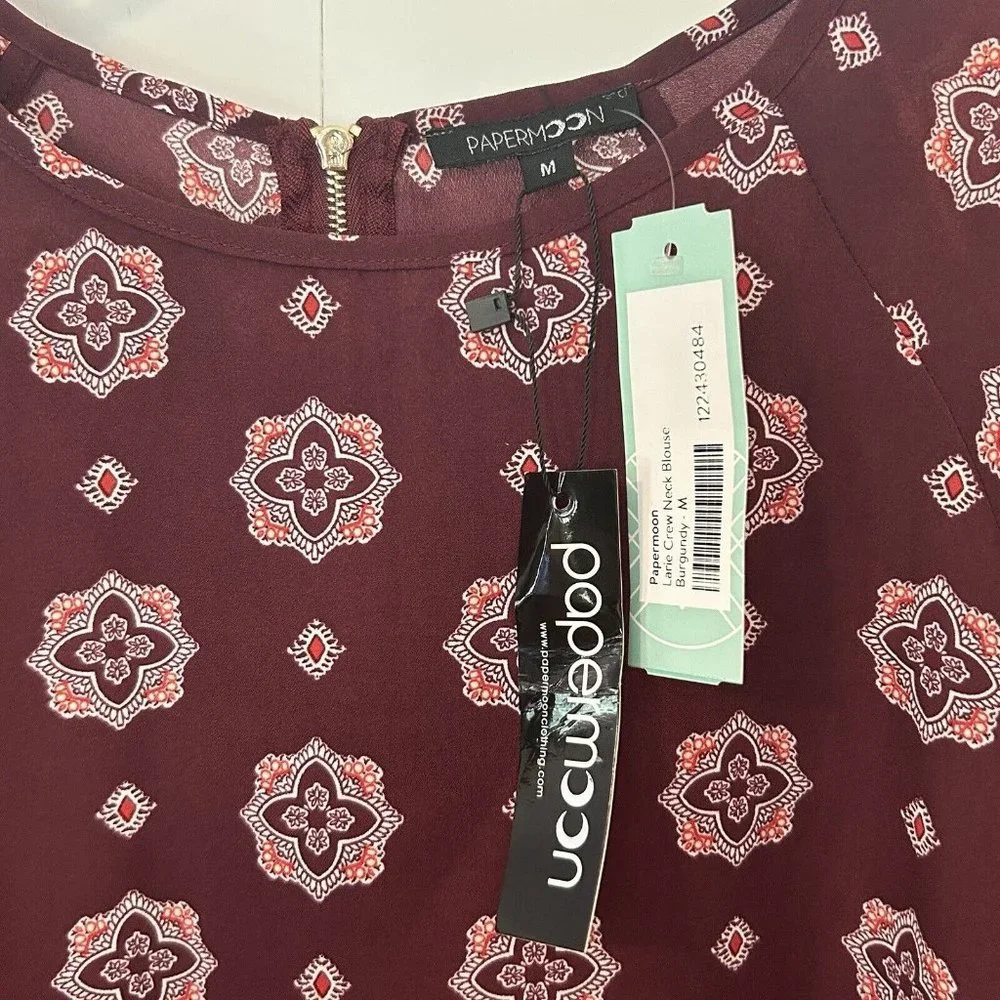 Papermoon Size M Womens Blouse Larie Crew Neck Burgundy Print Loose Sleeves -NEW - Picture 4 of 8